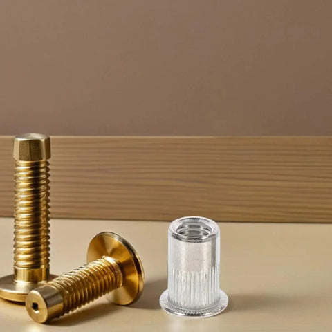 Stainless Steel Pro Grade Rivet Nut Kit 70 Pack Flat Head Threaded Inserts, shown with bolts on a wooden surface.
