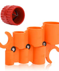 Front view of orange pipe deburring and chamfer tool kit with multiple socket sizes for PVC and metal pipes
