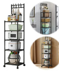 Super Tough As Nails Five Tier Rolling Shelving Unit Heavy Duty Storage Rack showcasing kitchen items in a black finish.