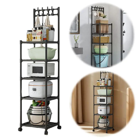 Super Tough As Nails Five Tier Rolling Shelving Unit Heavy Duty Storage Rack showcasing kitchen items in a black finish.
