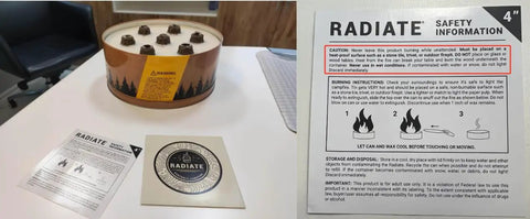 XL Portable Campfire On The Go For Camping Beach And Patio With Eucalyptus Scent Tabletop Fire Pit Reusable Up To Two Hours Burn Time Made In USA Seen On Shark Tank displaying safety information and packaging on a table.