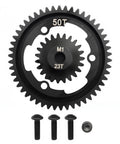 Beefed Up 50T M1.0 Hardened Steel Main Spur Gear With 23T Pinion for Traxxas RC cars, screws included, front view