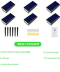 Bright Solar Spotlight Set For Outdoors Waterproof Yard Lights Auto On Off All Night Cold White 6 Pack with accessories