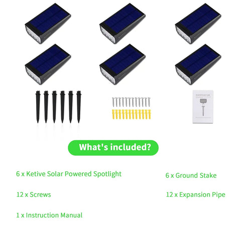 Bright Solar Spotlight Set For Outdoors Waterproof Yard Lights Auto On Off All Night Cold White 6 Pack with accessories