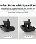 Comparison of two 3D printed boat models, one with moist PA-CF filament and one dry, demonstrating the effect of a filament dryer box.