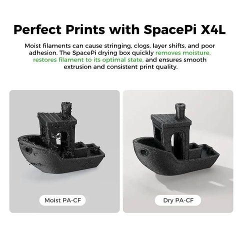 Comparison of two 3D printed boat models, one with moist PA-CF filament and one dry, demonstrating the effect of a filament dryer box.