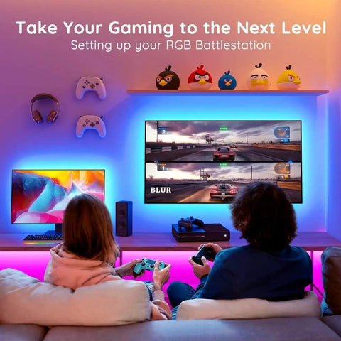 Two people gaming with Dope LED Backlight Kit For TV And Monitor Eight Point Two Foot USB Powered With App Control And Remote DIY.