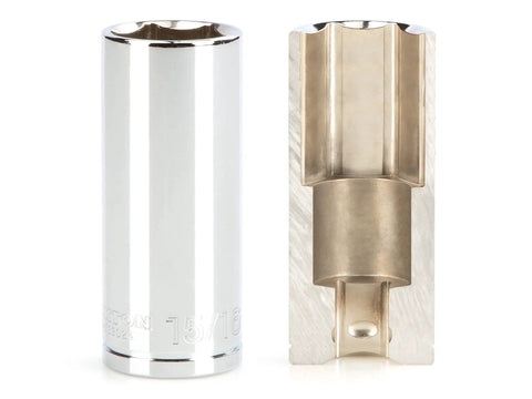 Two views of a Beefy 1/2 Inch Drive Deep Socket, one whole and one cutout, from 19-Piece Deep 6-Point SAE Sockets from 3/8 to 1-1/2 In