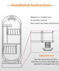 Installation instructions for Sleek O Shape Floor Standing Wine Rack With Glass Shelves showing adjustable feet detail.