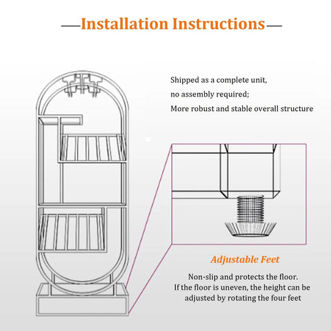 Installation instructions for Sleek O Shape Floor Standing Wine Rack With Glass Shelves showing adjustable feet detail.