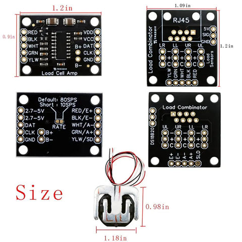 HX711 Load Cell Amplifier Breakout Board With Combiner For Arduino DIY Projects Includes Four 50Kg Load Cells Weight Sensor Conversion Module For Accurate Scale Readings And Easy DIY Weight Measurement, black PCB and 50kg load cell