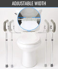 Solid Adjustable Toilet Safety Rails For Seniors Offering Smooth Bailout Support With Non Slip Padded Arms Heavy Duty 300 LB Capacity Top Shelf Bathroom Assist Bars Commode Seat Frame with adjustable width on toilet.