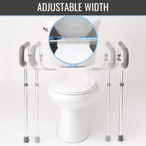 Solid Adjustable Toilet Safety Rails For Seniors Offering Smooth Bailout Support With Non Slip Padded Arms Heavy Duty 300 LB Capacity Top Shelf Bathroom Assist Bars Commode Seat Frame with adjustable width on toilet.