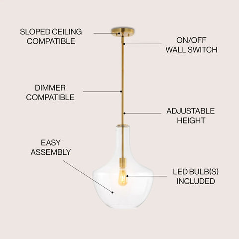 Brass Gold Clear Mid Century Modern 1 Light LED Pendant Light Fixture With Adjustable Schoolhouse Hanging Stem For Kitchen Island Glass Shade LED Bulb Included Ships Fast, featuring clear glass shade and gold stem.