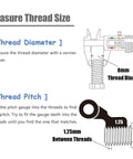 Diagram showing how to measure thread diameter and pitch with a caliper and gauge for Heavy Duty M8 Helicoil Thread Repair Kit.