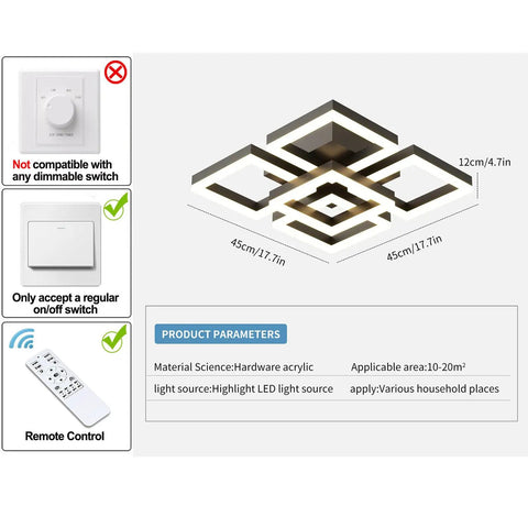 Diagram of a 64W Dimmable Black 5 Square LED Ceiling Light With Remote Control, showing dimensions and compatibility details.
