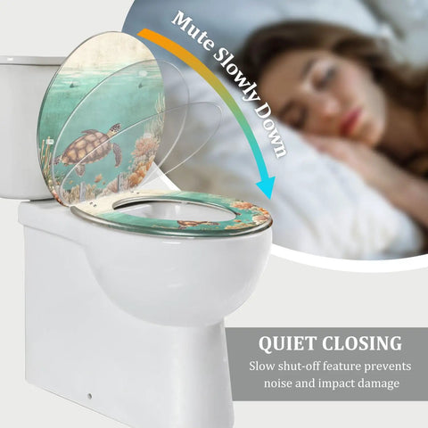 Round Resin Toilet Seat for Bathroom with sea turtle design, measuring 14.5x16.5 inches, featuring quiet close mechanism.