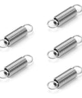 Five stainless steel dual-hook tension springs with looped ends, 1 inch long