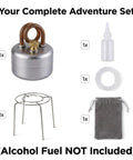 High Power Mini Alcohol Stove Spirit Burner For Camping And Backpacking, Ultra Portable Stove with accessories displayed