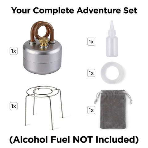 High Power Mini Alcohol Stove Spirit Burner For Camping And Backpacking, Ultra Portable Stove with accessories displayed