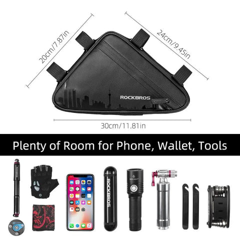 On Frame Bike Triangle Bag With Dual Sided Pockets 1.5L Capacity Easy Access Tool Phone And Key Storage For Rides Commutes And Everyday Adventures Ride Ready All Seasons, with accessories.