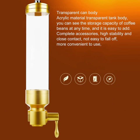 Sick Wall Mount Coffee Bean Dispenser Heavy Hitter Acrylic Canister with transparent body and gold finish for easy bean access.