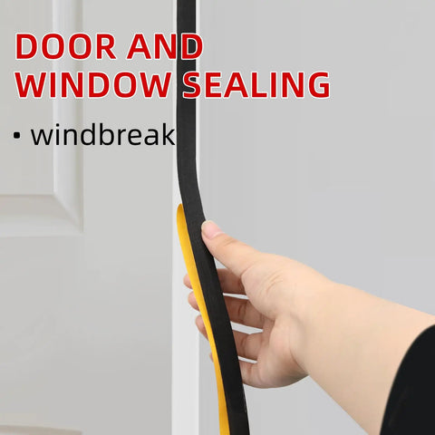 Top Shelf No Sweat Self Adhesive Foam Seal Strips For Windows And Doors, weatherproof insulation tape shown being applied to door.