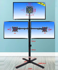 Heavy Duty Floor TV Stand For Triple Displays With Fully Adjustable Arms For 14 To 27 Inch Screens, features adjustable mounting.