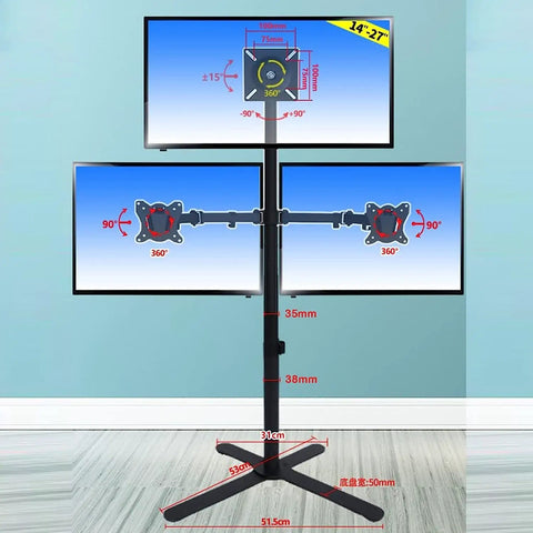 Heavy Duty Floor TV Stand For Triple Displays With Fully Adjustable Arms For 14 To 27 Inch Screens, features adjustable mounting.