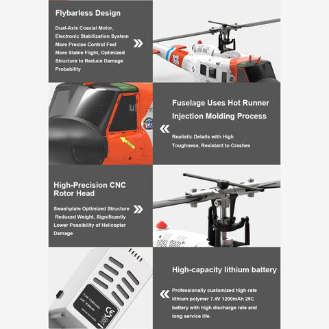 One Thirty Fourth Scale UH Huey RC Helicopter With GPS Positioning, LED lights, injection molded body, close-up details