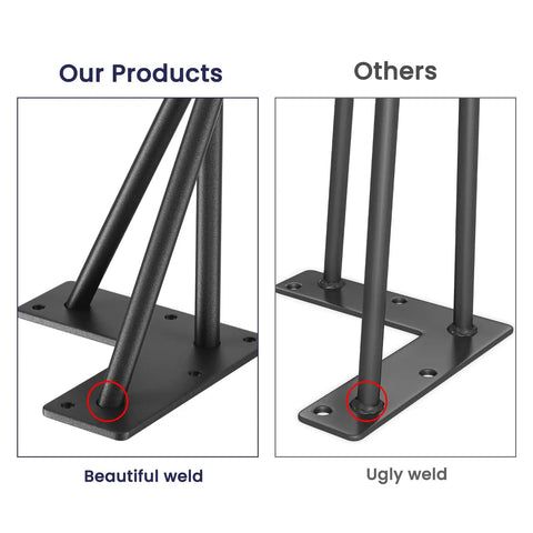 Comparison of welds on Hairpin Table Legs 16 Inch Half Inch Diameter Three Rods Black Steel Heavy Duty Modern DIY Nightstand Coffee Table Dresser With Rubber Floor Protectors Set Of 4 For Durable Craft Projects