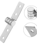 Stainless steel cabinet hinge with cylindrical barrel and flat mounting plate with three holes.