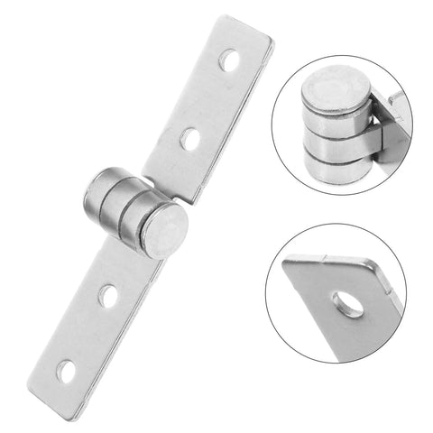 Stainless steel cabinet hinge with cylindrical barrel and flat mounting plate with three holes.