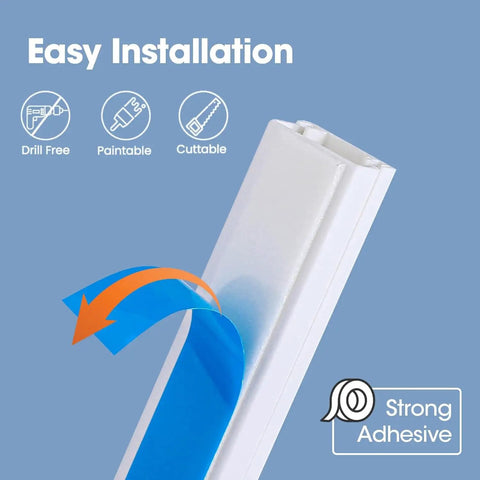 116 Inch Cord Hider Kit For Wall Wires And TV Cables Paintable Cable Raceway With 0.96 Inch Width And 0.57 Inch Height Includes Couplings And Elbows For Easy No Mess Wire Concealment White, showing adhesive strip for easy installation.