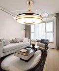 Retractable Gold Ceiling Fan With Light And Invisible Blades, 42 Inch Crystal Chandelier LED Lamp in modern living room.