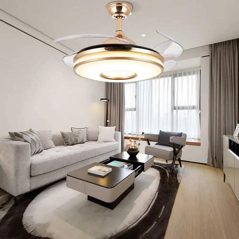Retractable Gold Ceiling Fan With Light And Invisible Blades, 42 Inch Crystal Chandelier LED Lamp in modern living room.
