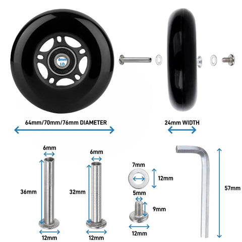 Heavy Duty Universal Luggage Replacement Wheels 64x24mm Dead Silent PU Caster With ABEC Nine Bearings And 6mm Axle displayed with measurements and components.