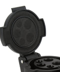 Type 1 EV Charging Socket Black AC Charger Connector SAE J1772 with open protective cover, showcasing durable design.