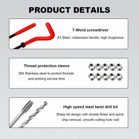 Product details of 15 Piece Thread Repair Kit For Automotive Use M10x1.5 And M12x1.25 Threads With Drill Bit And Hex Wrench Must Have Pro Grade Stainless Steel Insert Kit showing components.