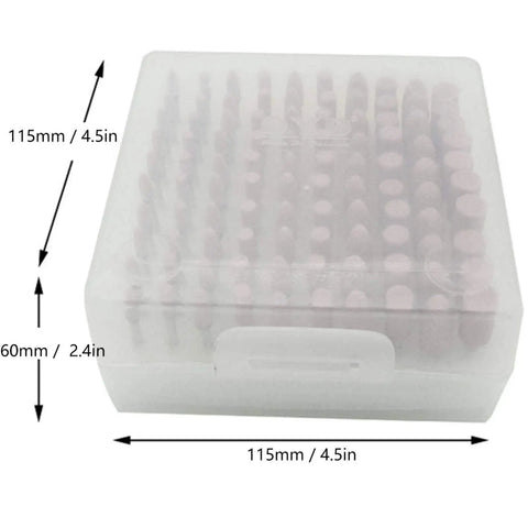 Storage box containing 100 Pieces Polishing Stone Head Pro Grade Set For Grinder With 3mm Shank, dimensions 115x115x60mm