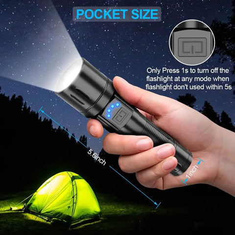 Hand holding Ultra Bright Tactical Flashlight with Zoomable Beam, camping site background, IPX7 Waterproof, XHP50 LED, 5 modes, 2 Pack