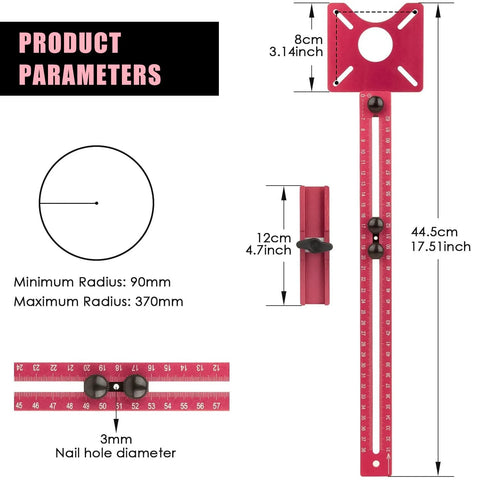 Product parameters of 4 In 1 Router Milling Groove Bracket Aluminum Alloy Circle Cutting Jig for precise round grooves and cuts.