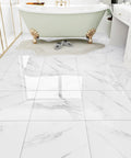 Bathroom featuring white marble peel and stick floor tiles 12x12 self adhesive waterproof vinyl flooring from 20 pack.