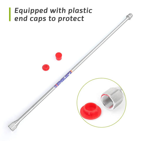 Dual Pack Aluminum Airless Paint Sprayer Tip Extension Poles 15 Inch And 29.5 Inch shown with plastic end caps and threaded end