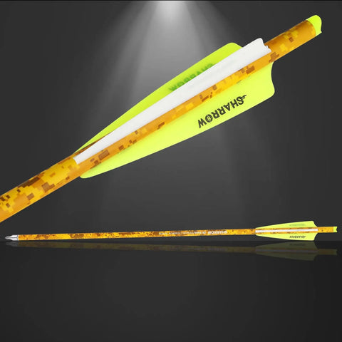 Close-up of 12 Pack 20 Inch Camouflage Carbon Crossbow Bolts with neon yellow fletching and durable shaft for precision shooting