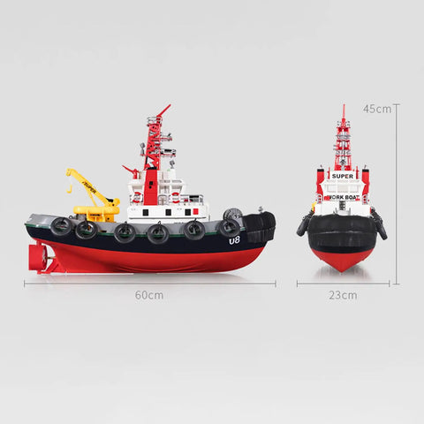 Heng Long 2.4G RC Fire Fighting Boat With Water Spray Cannon Realistic Remote Control Ship Model dimensions shown