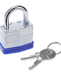Laminated Steel Padlock Set, One And Nine Sixteenths Inch Wide Body, Short Shackle, keyed alike lock shown with two keys close-up.