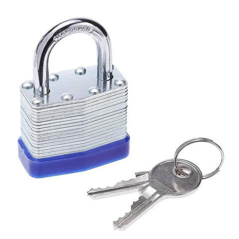 Laminated Steel Padlock Set, One And Nine Sixteenths Inch Wide Body, Short Shackle, keyed alike lock shown with two keys close-up.