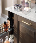Champagne Bronze Reeded Cabinet Pulls Six Pack 5 Inch Sleek Modern Textured Drawer Handles on dark wood cabinet