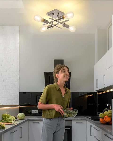4 Light Semi Flush Mount Ceiling Light Fixture In Brushed Nickel Modern Farmhouse Sputnik Style in kitchen setting